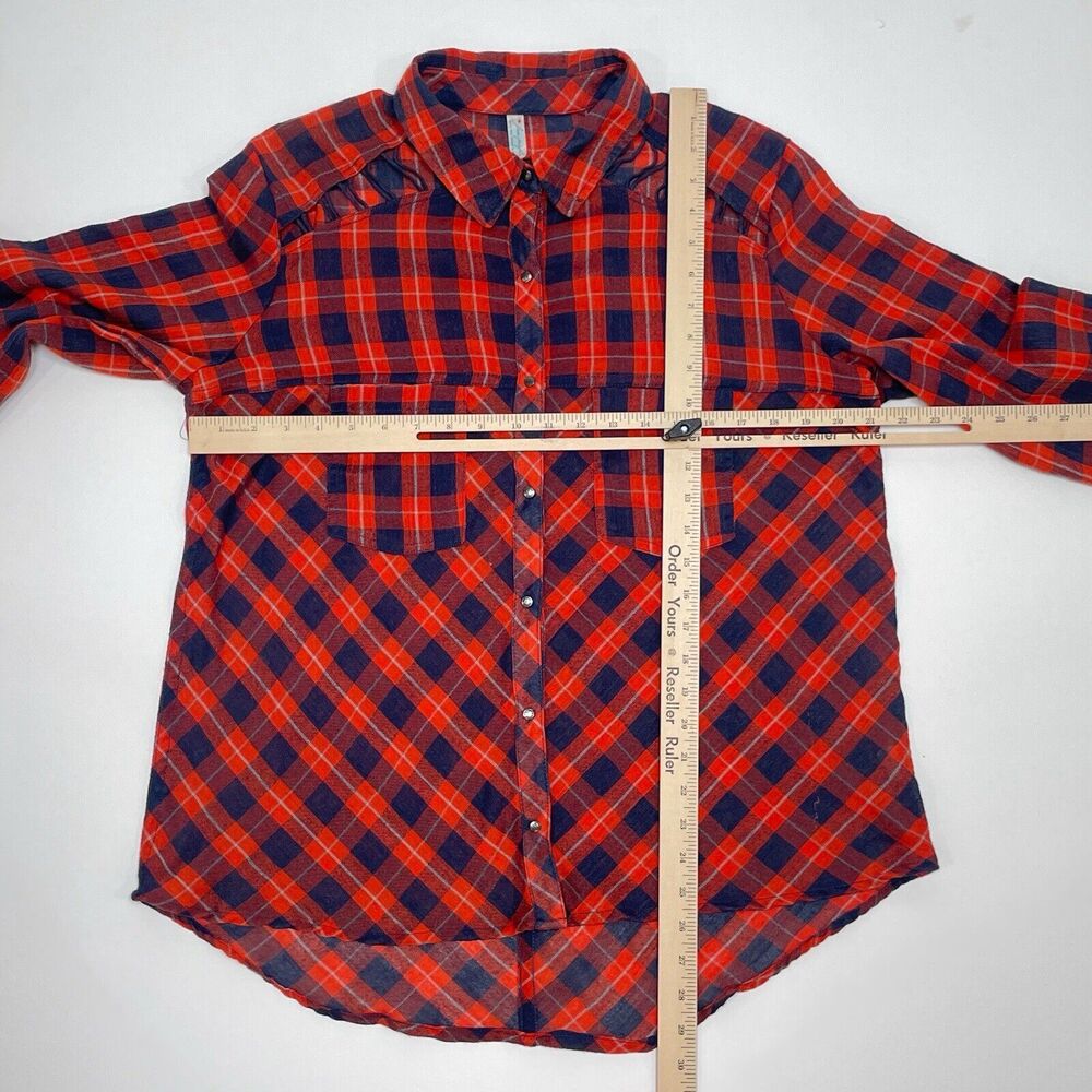 Free People Top Medium Orange Blue Plaid Snap‎ Button Front Relaxed Sheer Hi Low - Picture 8 of 10